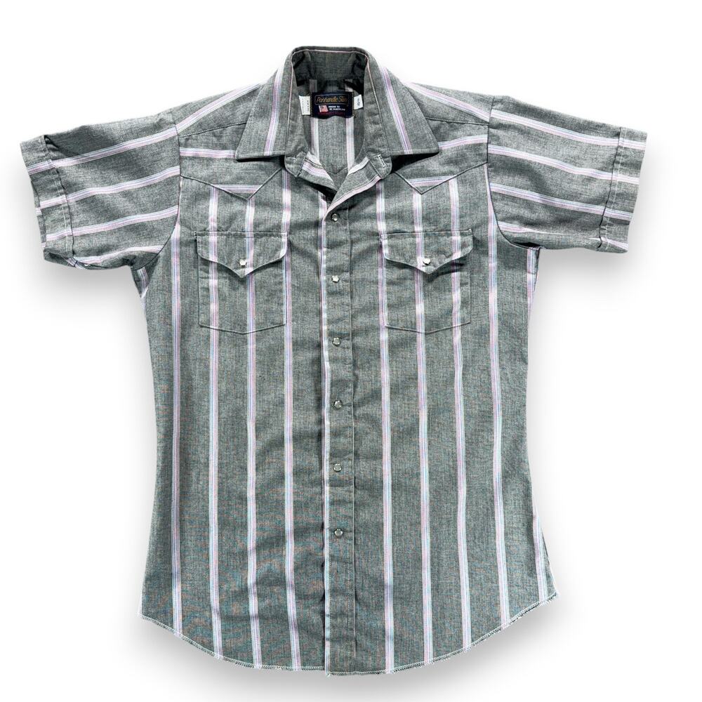 Vintage Panhandle Slim Western Shirt Adult MEDIUM Gray Stripe Pearl Snap USA 90s